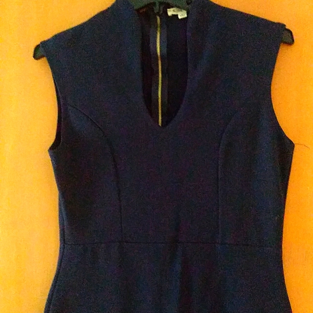 Navy V neck form fitting knee length dress